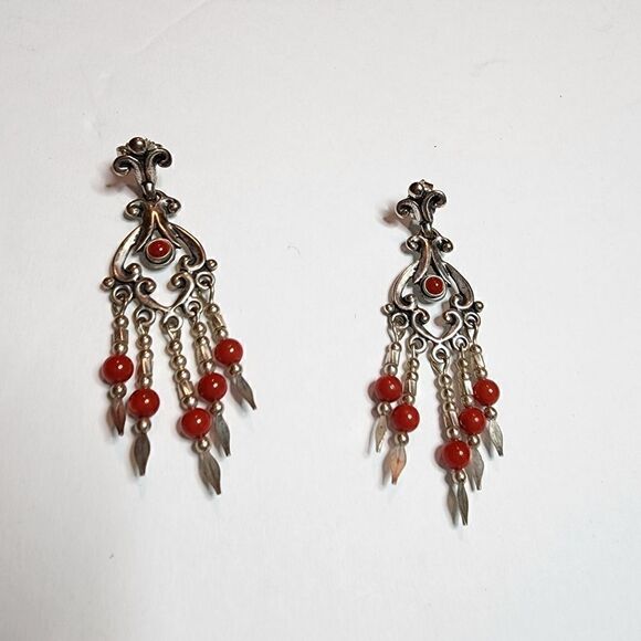 CAROLYN POLLACK Q.T. Sterling Silver Red Coral Ornate Dangle Earrings Pierced - Picture 4 of 7
